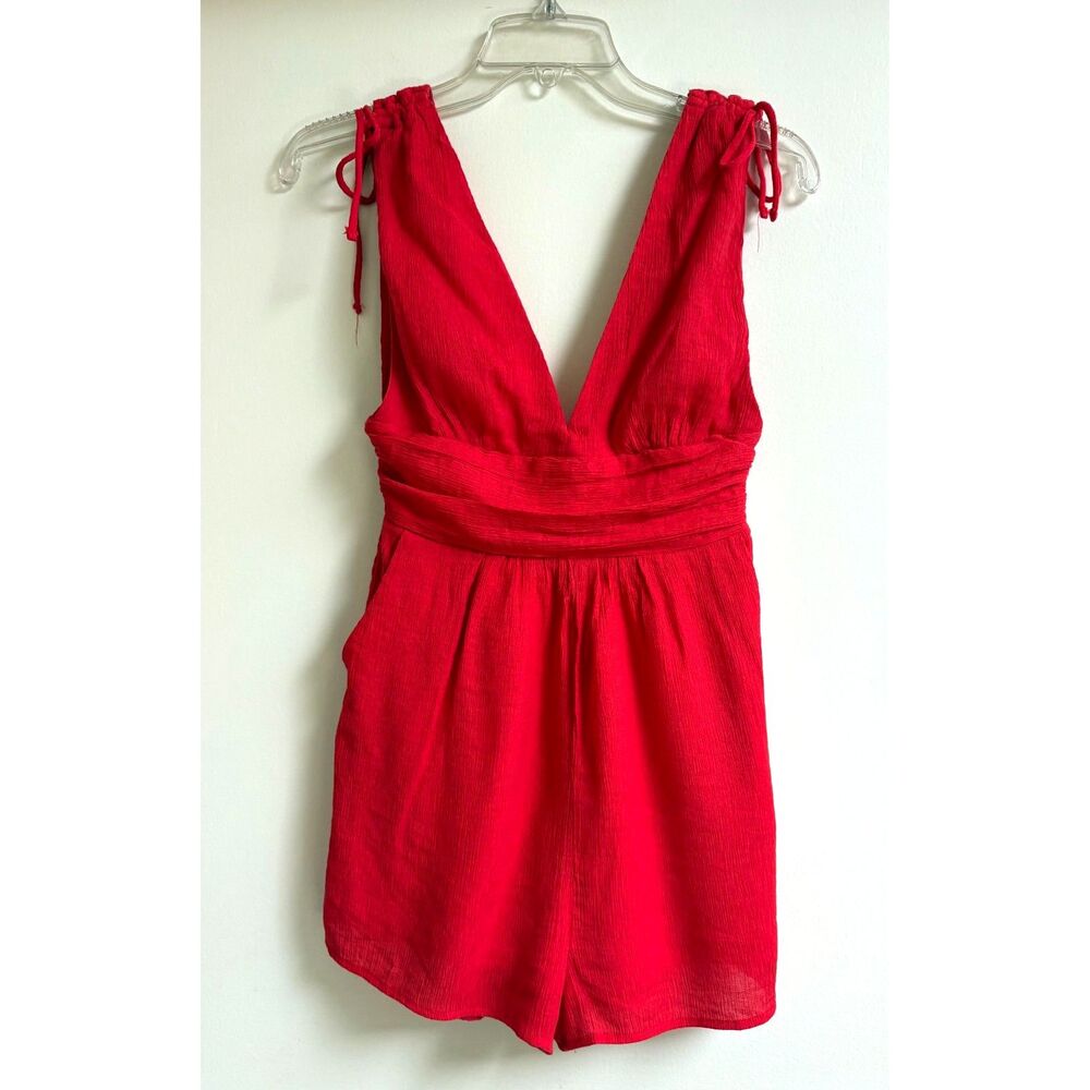 Tomato Red Crepe Romper XXS XS Petite Playsuit Deep V Empire Pocket Smock Tie Jr - Picture 2 of 8